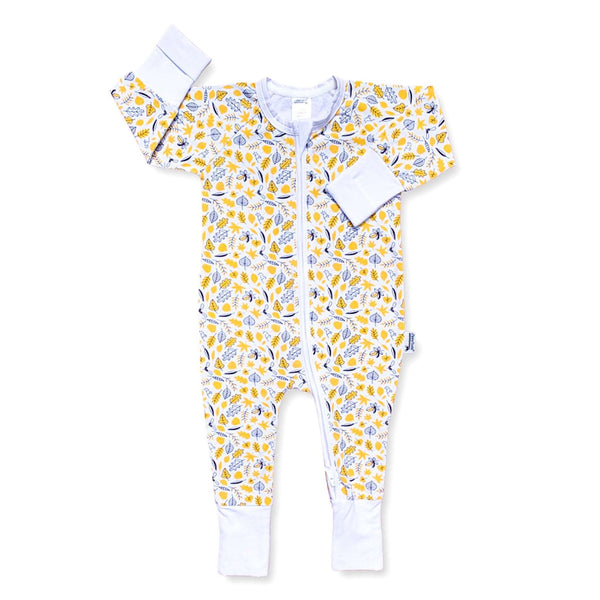 The Woodland Leaves ZippySuit. The perfect baby grow has a 2-way zip for quick and easy changes, foldable mitts and foldable feet pouches.