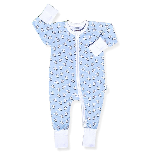 The Baby Blue Zebras ZippySuit. The perfect baby grow has a 2-way zip for quick and easy changes, foldable mitts and foldable feet pouches.