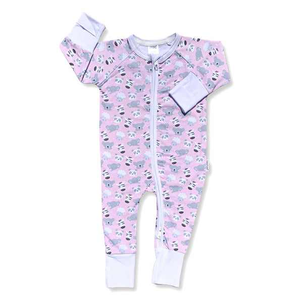 The Baby Pink Animals ZippySuit. The perfect baby grow has a 2-way zip for quick and easy changes, foldable mitts and foldable feet pouches.