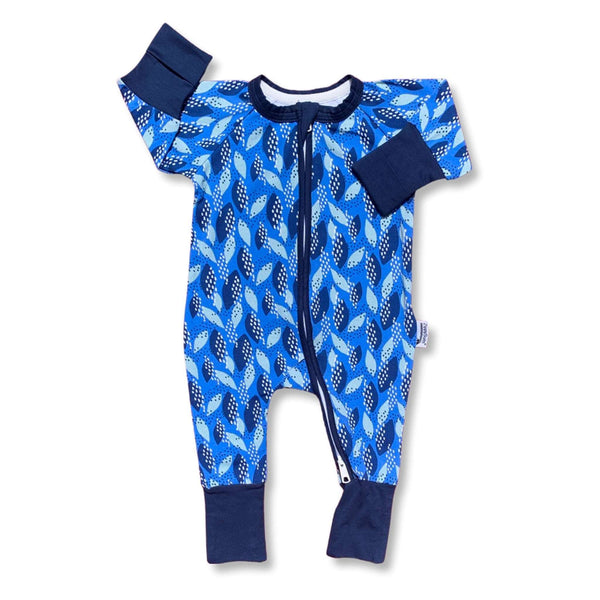 The Blue Leaves ZippySuit. The perfect baby grow has a 2-way zip for quick and easy changes, foldable mitts and foldable feet pouches.