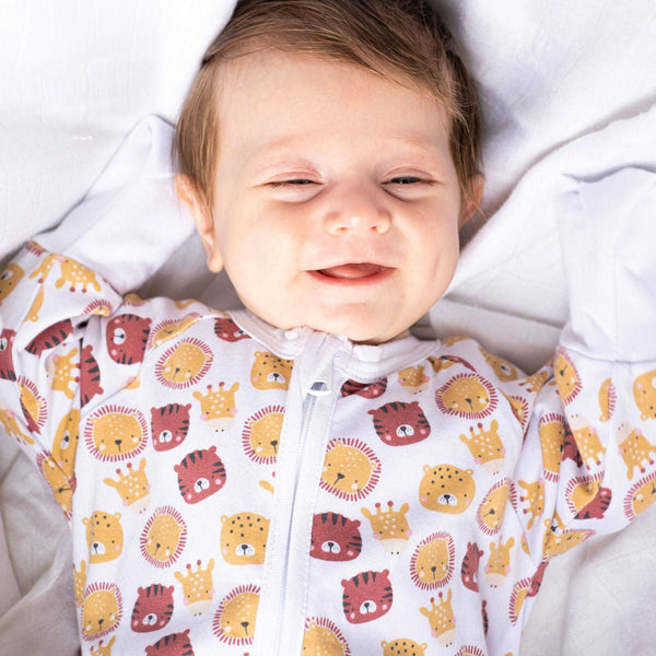 The Tigers and Lions ZippySuit. The perfect baby grow has a 2-way zip for quick and easy changes, foldable mitts and foldable feet pouches.