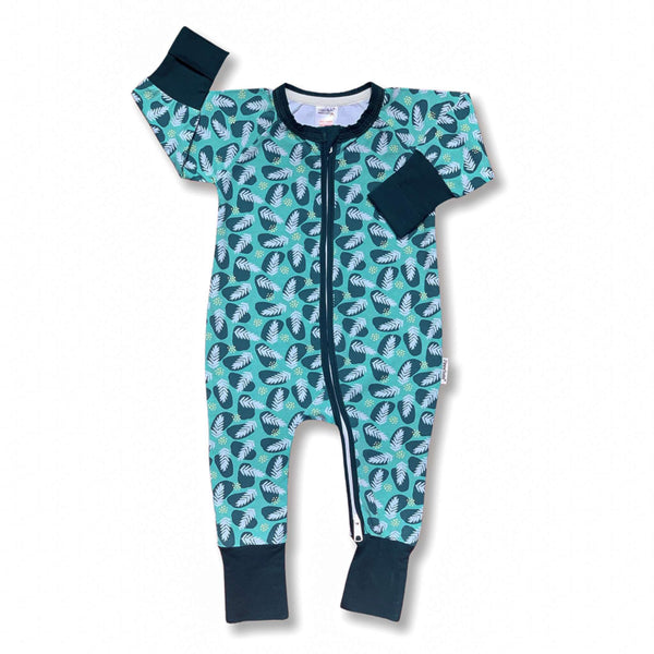 The Green Leaves ZippySuit. The perfect baby grow has a 2-way zip for quick and easy changes, foldable mitts and foldable feet pouches.