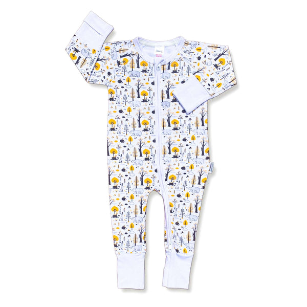 The Walk in the Woods ZippySuit. The perfect baby grow has a 2-way zip for quick and easy changes, foldable mitts and foldable feet pouches.